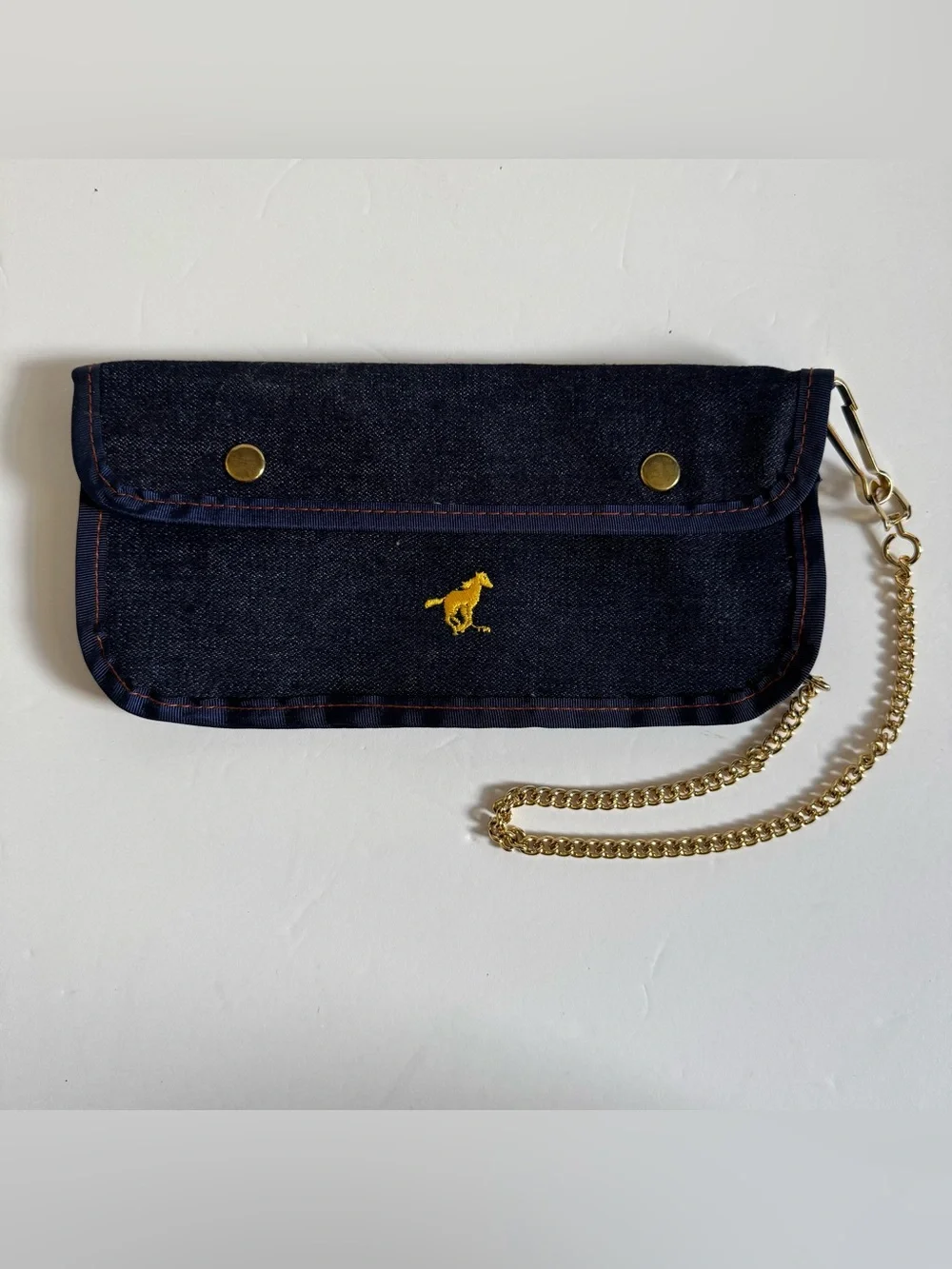 Vintage Ford Mustang Denim Chain Biker Denim Wallet Blue Embroidered Snap Bifold
